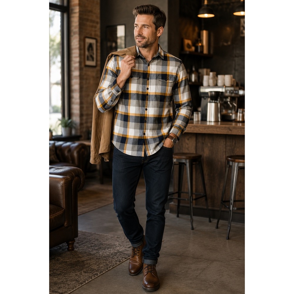 Express Men's Gray Mustard Plaid Button Front Shirt Cotton Dual Pocket Size S